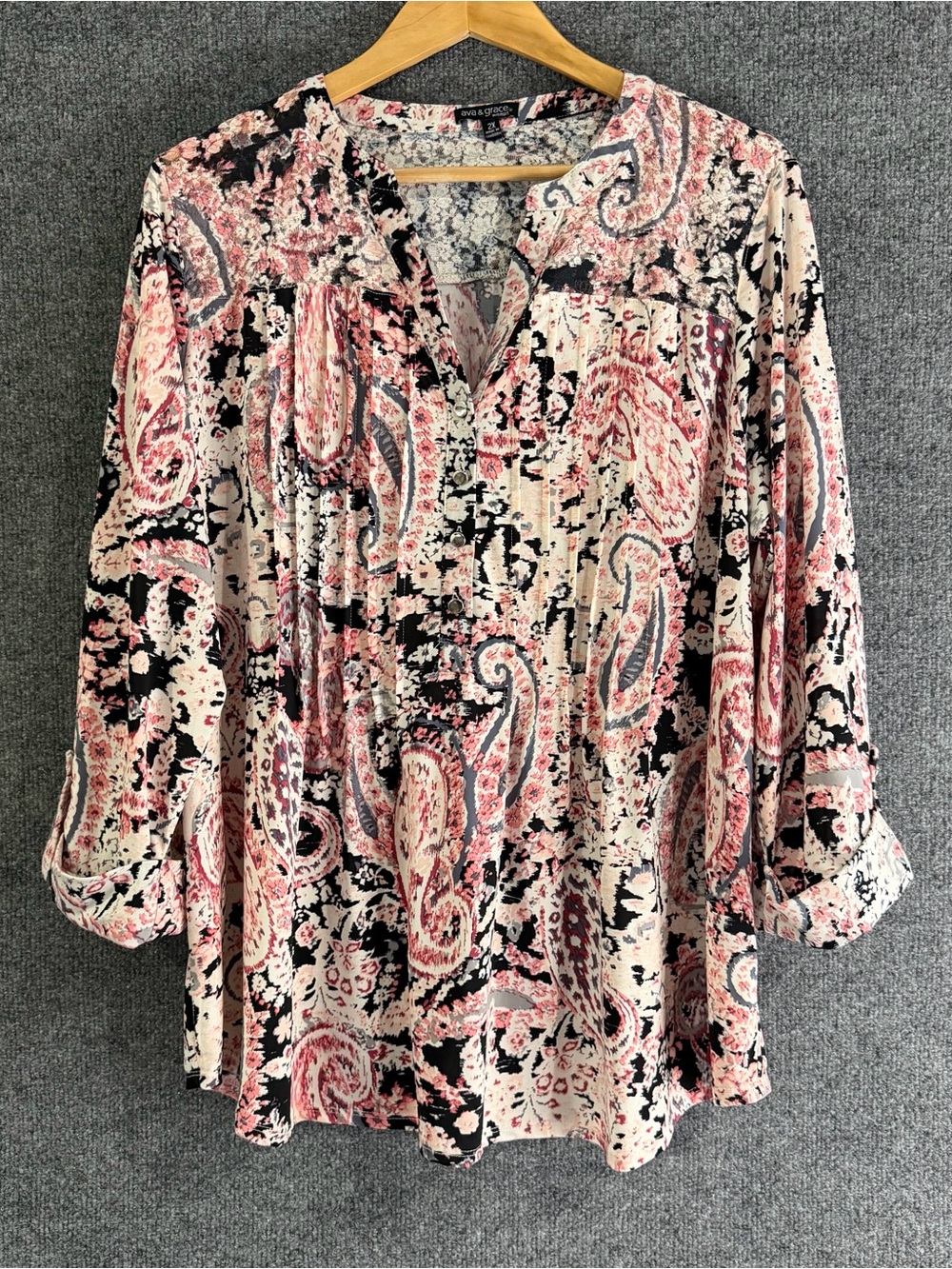 Ava & Grace Womens Paisley Top Size 2X Pink 3/4 Sleeve Office Career Stretch